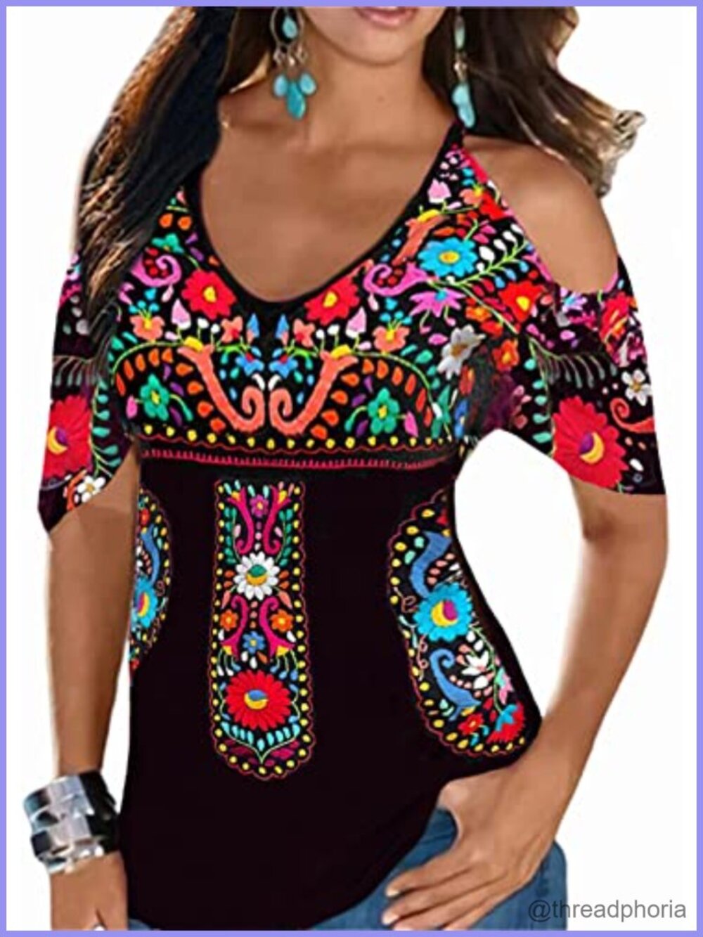 Women Embroidered Cold Shoulder Peasant Blouse Loose Fit Summer Tunic Top